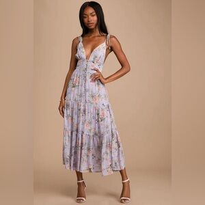 Everlasting Sight Lavender Floral Print Tie-Strap Midi Dress